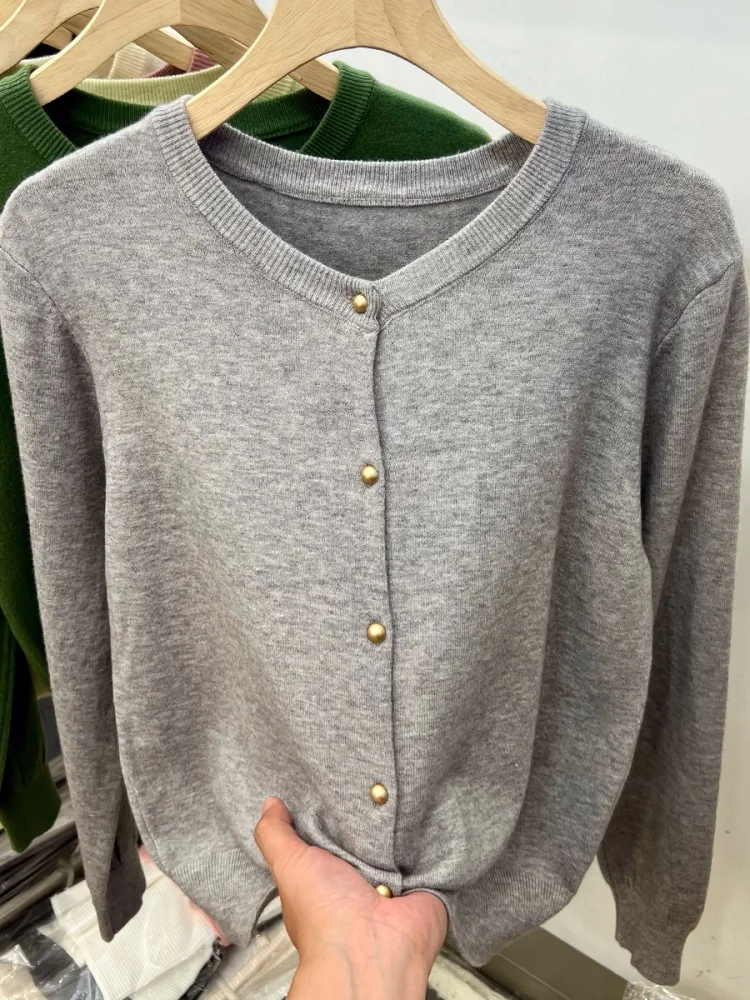 

Осенний женский элегантный кардиган с длинным рукавом, осенний повседневный вязаный топ с длинными рукавами, 2025 г., трикотаж с круглым вырезом, модная одежда