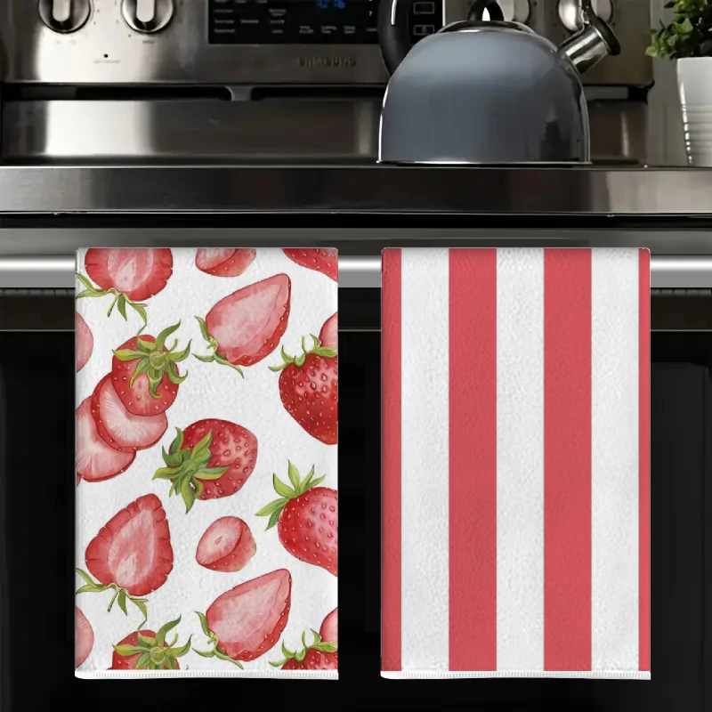 2Pcs, Red and White Striped Strawberry Kitchen Towels, 40Cm*60Cm Towel Set, Super Absorbent Soft Cleaning Cloth, Cooking and Baking Tea Towel, Hand Towel, Cleaning Cloth, Dishcloth, Kitchen Decoration, Living Room Decoration, Kitchen Essentials, Home Essentials