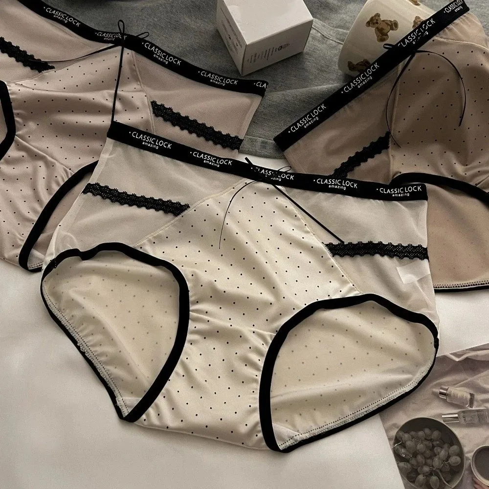 Light Thin Mesh Women's Underwear Satin Bow Wave Point Underpants Hollowed-out Seamless Briefs Women