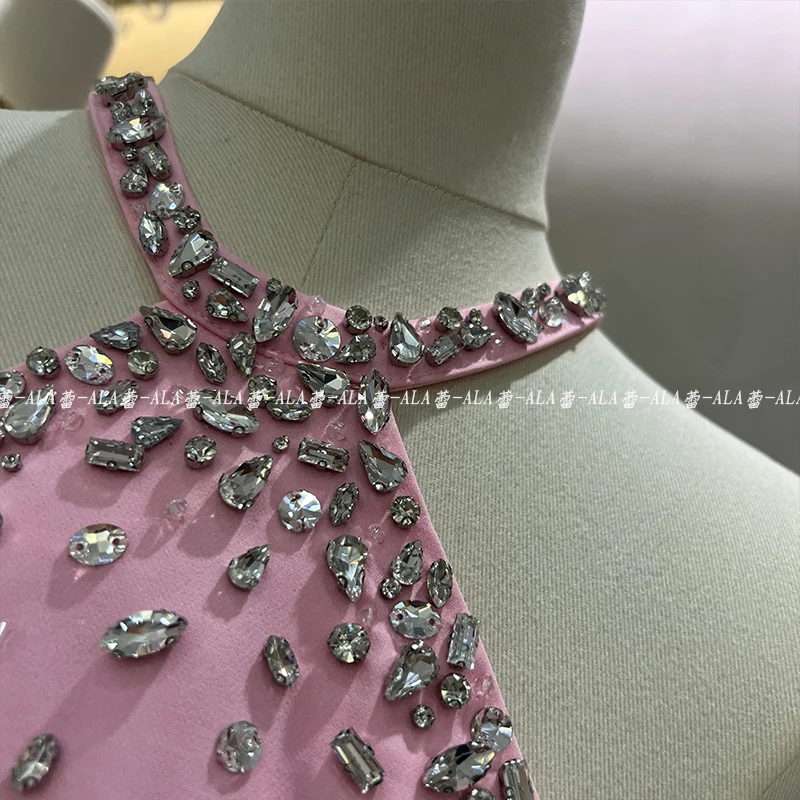 2024 estate moda strass vita-stretto alla moda abiti femminili dolce luce di lusso rosa vestito da donna senza maniche bei vestiti