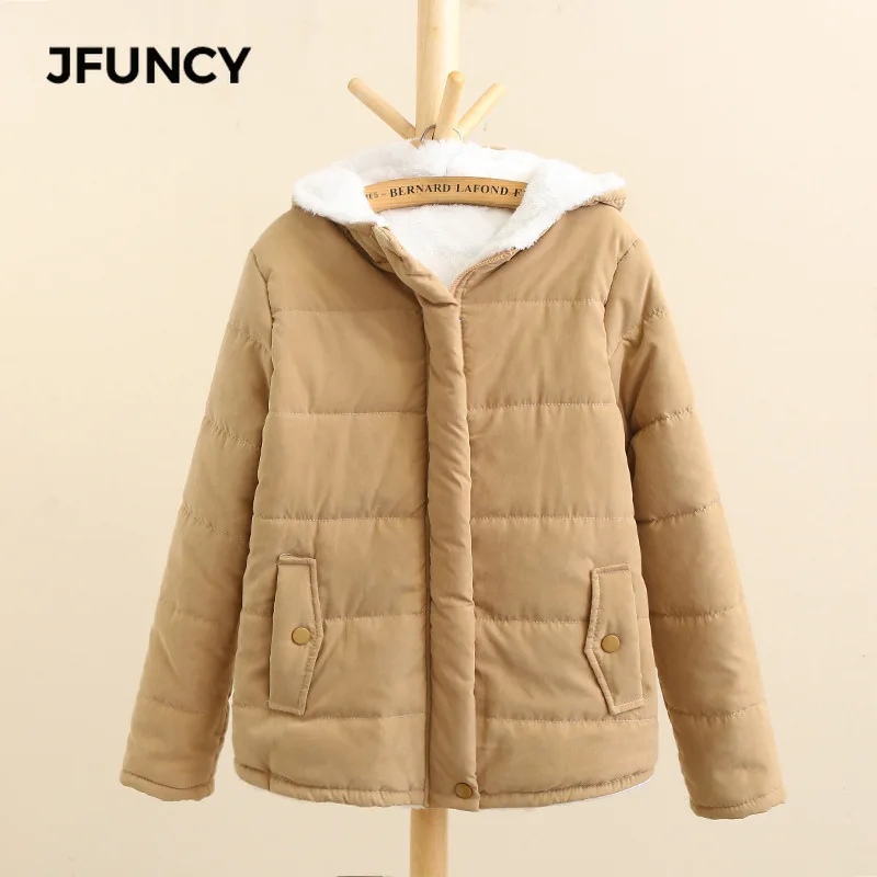 JFUNCY Women Winter Parkas 2022 Fashion Women\'s Jackets Fleece Hooded Windproof Warm Velvet Female Cotton Coat Pink Blue Khaki