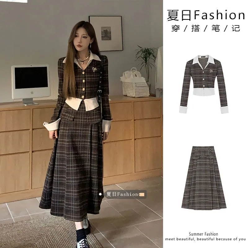 

Sweet Hot Girl Suit Women's Spring/Autumn Splicing Plaid Cotton Jacket High Waist A-line Skirt Two-piece Set Female Clothes