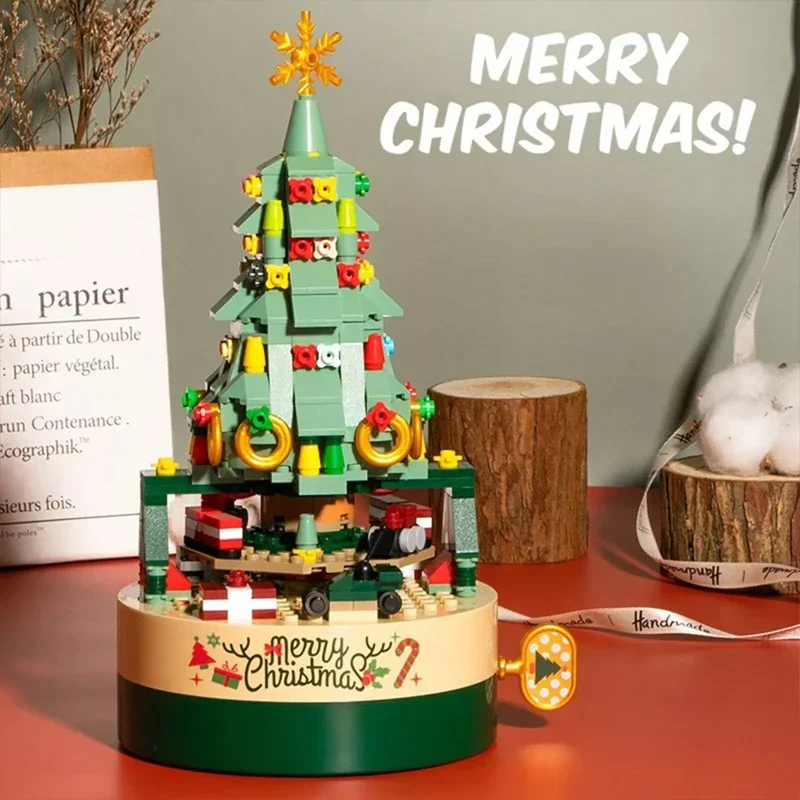 

Christmas Tree Building Block Rotating Music Box Creative DIY Manual Assembling Christmas Tree Model Kids Educational Toy Gift