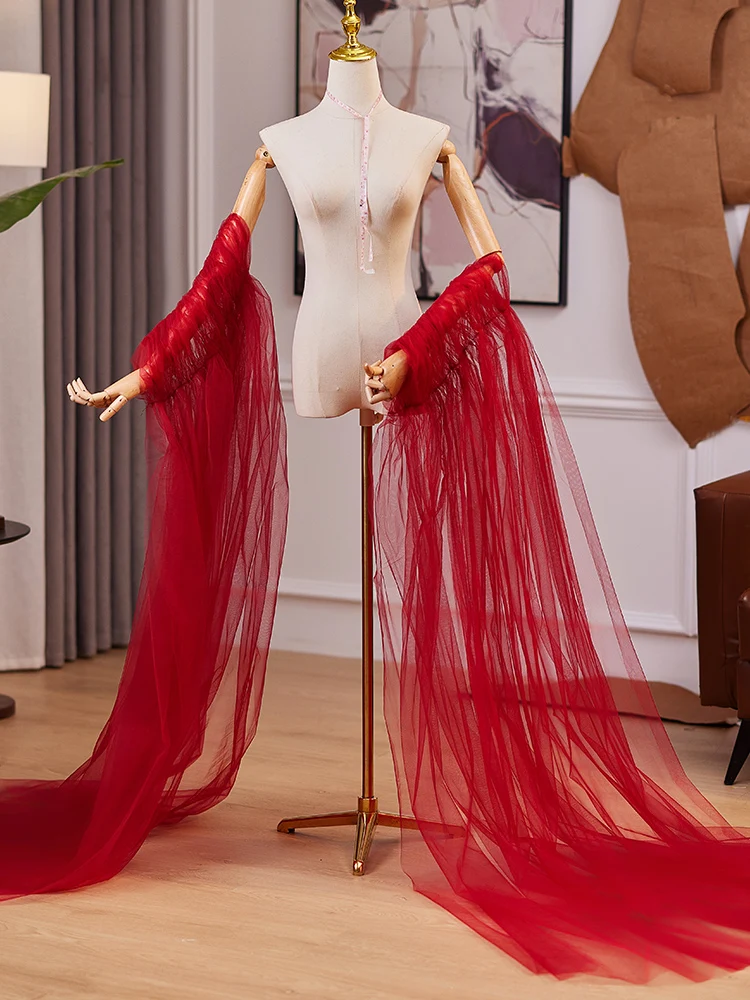 red-handmade-fairy-atmosphere-shawl-gown-accessory-with-tulle-skirt-tail-for-year-end-conference-evening-dress-exaggerated-photo