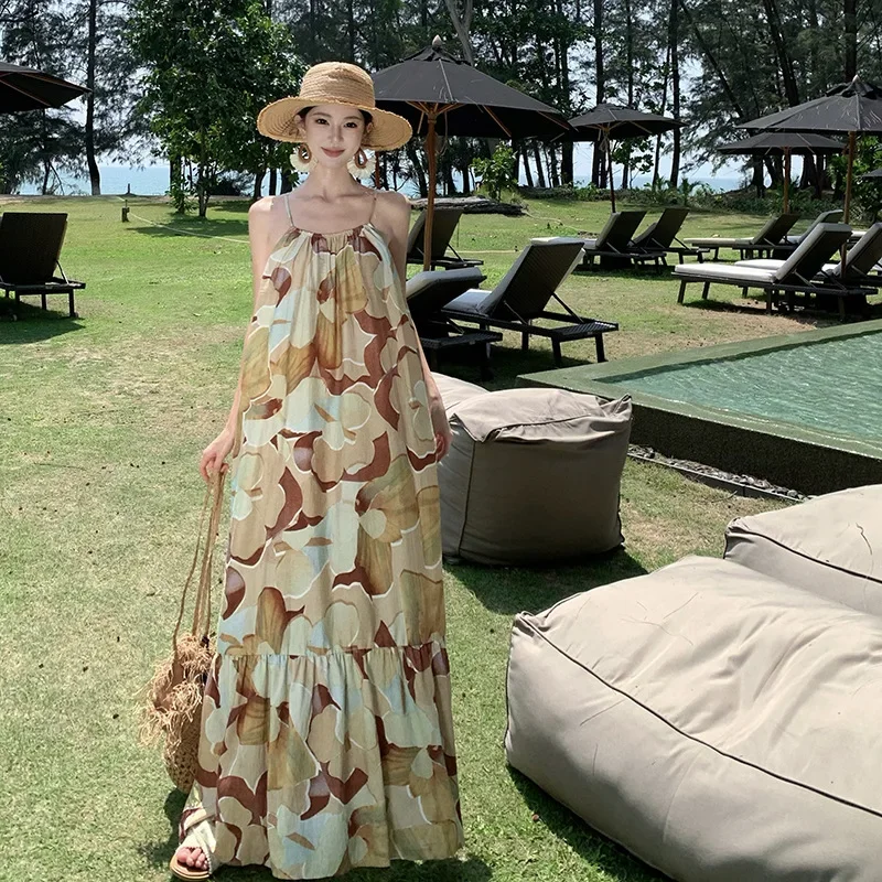 Sanya Style Barbour Island Long Dress Beach Photography Printing Vacation Loose-Fit Bohemian Tank Dress By The Sea