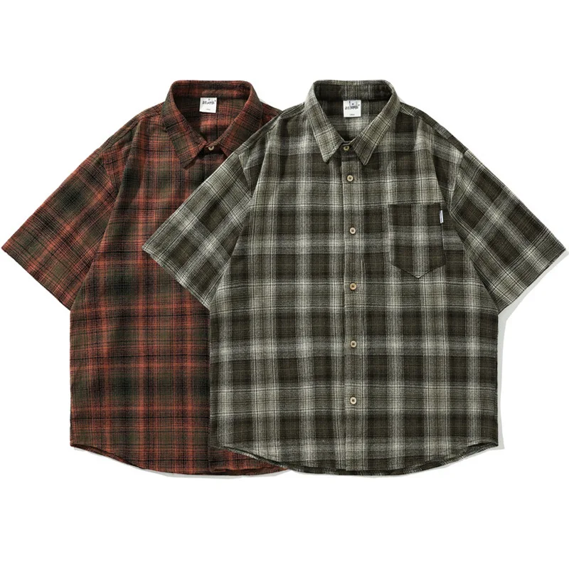 MAQVOB Top Quality EU US Size Luxury Plaid Short Sleeve Shirt Unisex Loose Fit Vintage Casual Buffalo Checkered Flannel Shirt