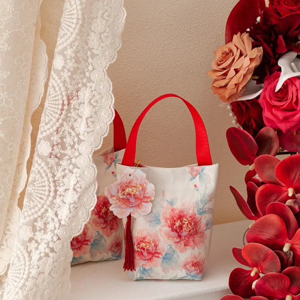Printing Flower Tassel Wrist Bag Make Up Pouch Storage Bag Chinese Style Handbag Temperament Jewelry Packing Festive Sugar Box