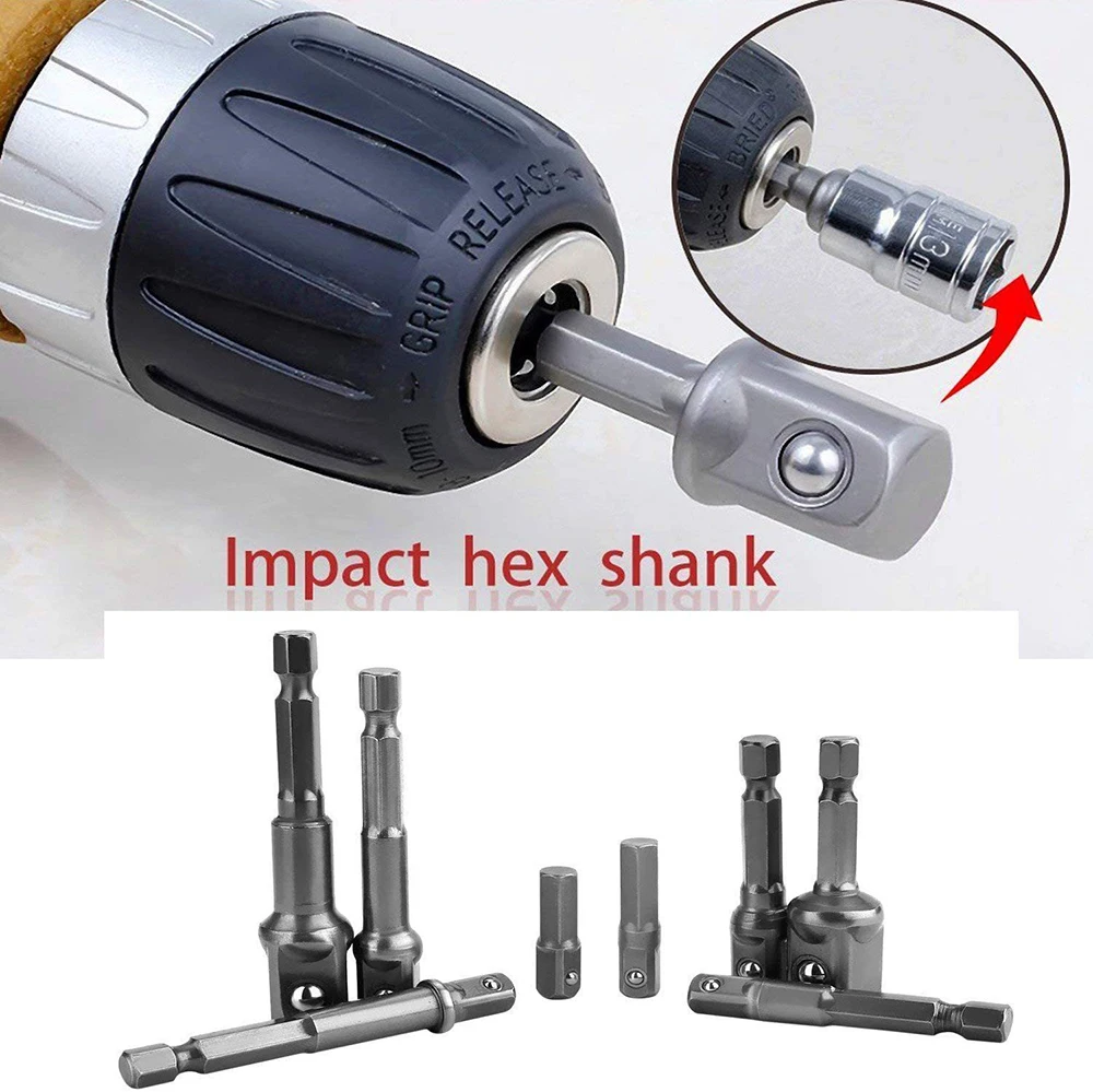 Drill Socket Adapter 1/4\'\' Hex Shank Extension for Impact Driver 1/2\'\' 3/8\'\' 1/2\'\' Square Head Drill Bit Adapter Set Hand Tools