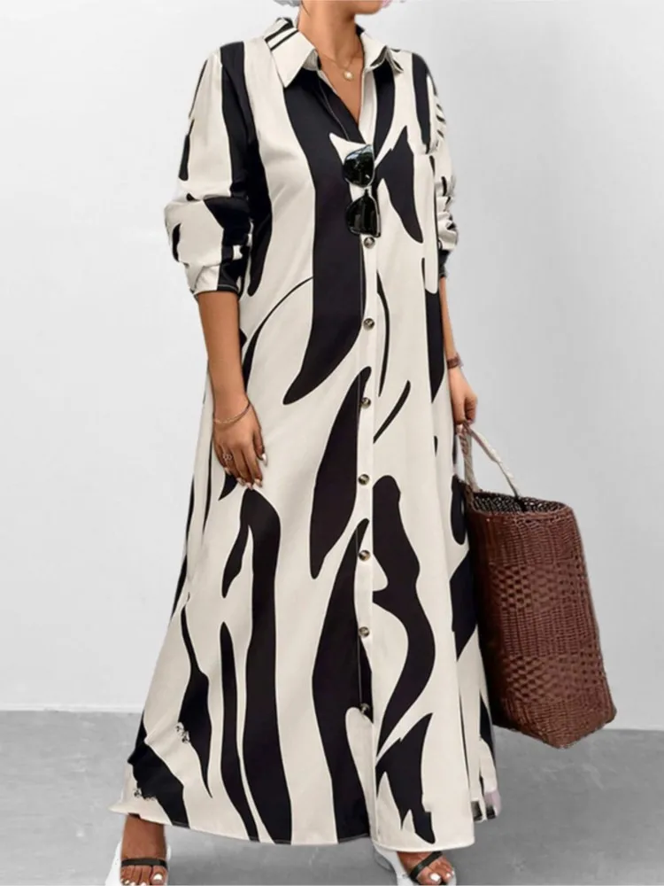 Fashion Printed Long Dress New Women's Spring Summer Casual Loose Long Sleeved Single Breasted Shirt Big Swing A-line Dress