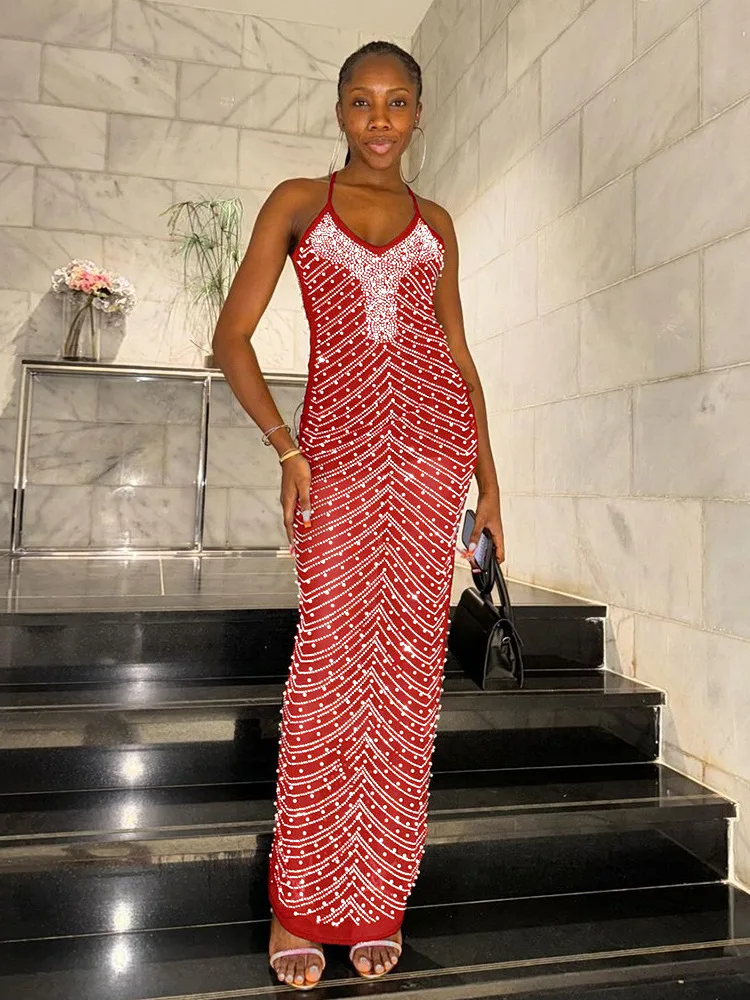 

Горячий ромбовидный ремешок с пузырьками и бусинами, вечернее женское модное сексуальное длинное платье