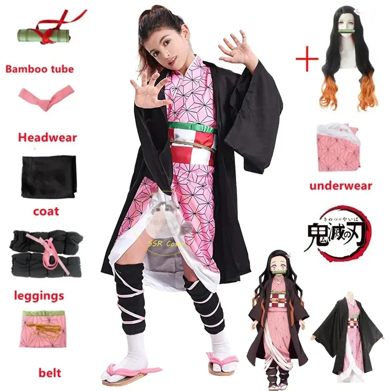 Anime Kamado Nezuko Strój Cosplay Demon Slayer Mundurek Cosplay Ubrania Kimono Peruka Rekwizyty Zestaw Kostium Halloween dla Dzieci Dorosłych