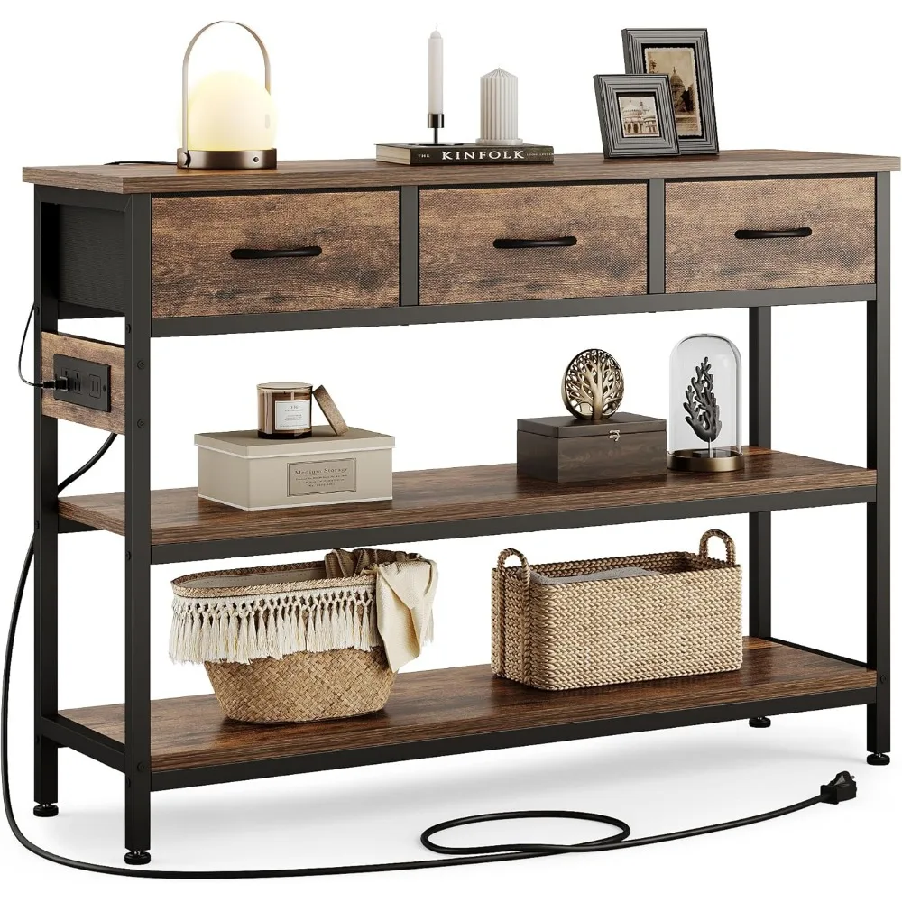 

Sturdy Entryway Table with Power Outlets, Console Table with 3 Fabric Drawers, Sofa Table for Living Room, Hallway, Couch