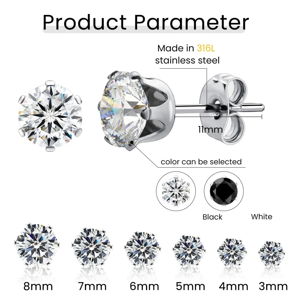 12 Pairs Silver Earrings Surgical Steel Earrings Women's Earrings Hypoallergenic Earrings Set Men's Earrings CZ Studs Earrings