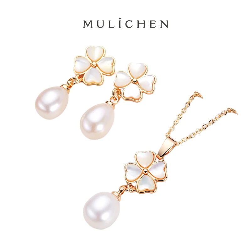 MULICHEN Shell 4 Leaf Clover Pearl Jewelry Sets For Women Fashion Freshwater Pearl Earrings Necklace Anniversary Gift