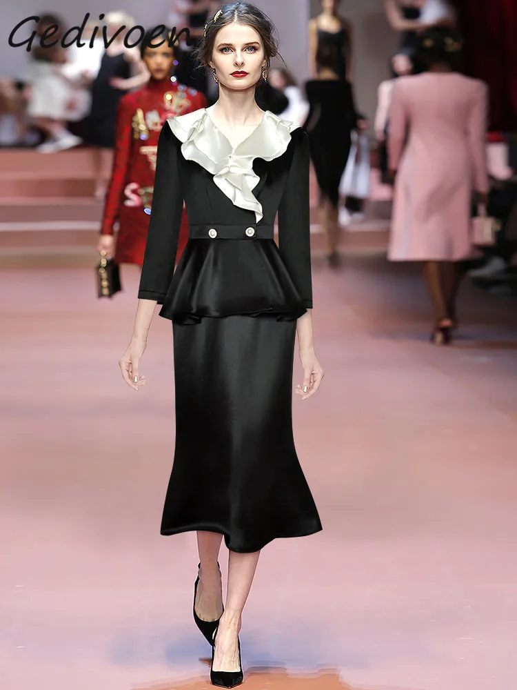 

Gedivoen Summer Fashion Designer Vintage Skirt Set Women's V-Neck Ruffles Gathered Waist Top+Fishtail Half Skirt 2 Pieces Set