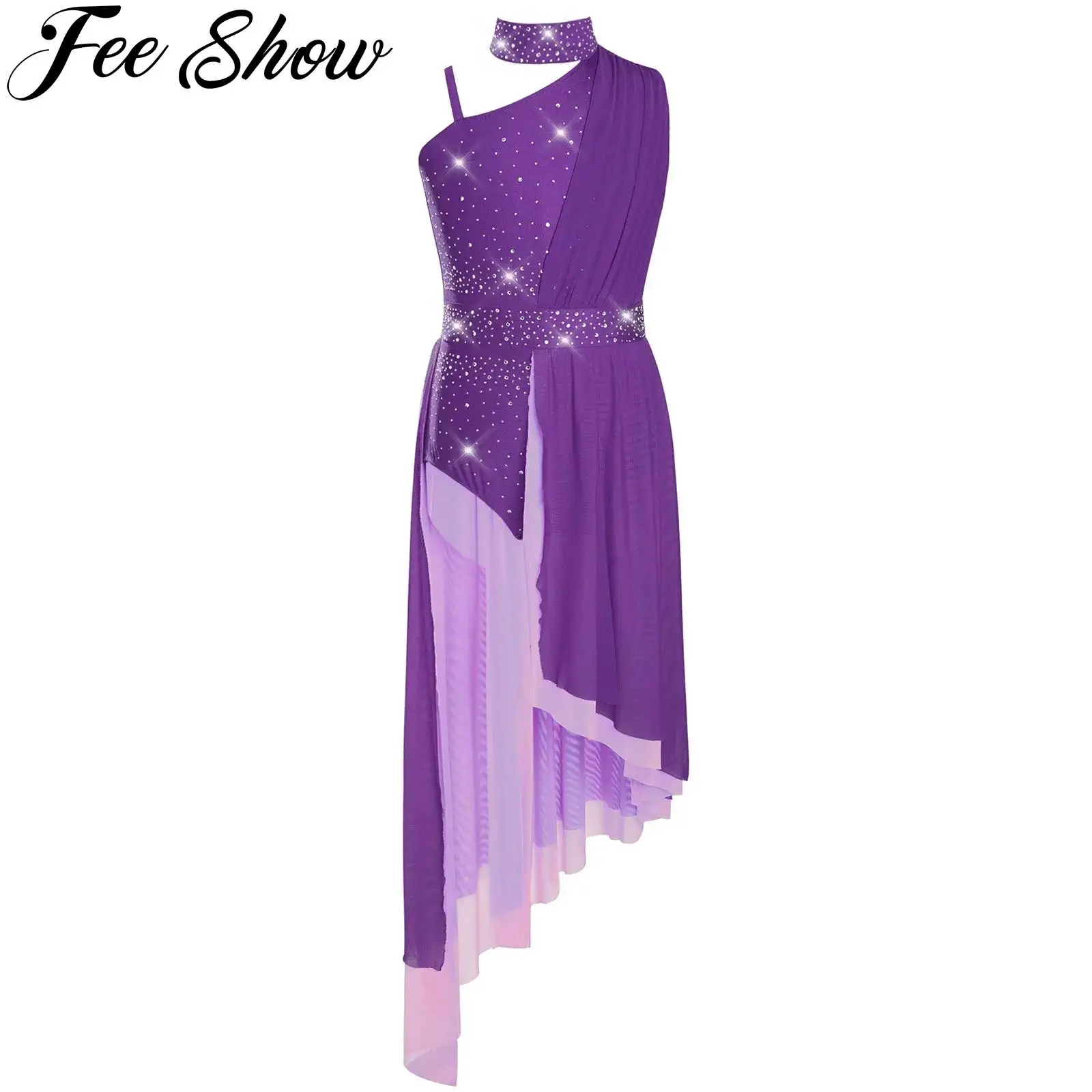 

Kids Girls Modern Lyrical Figure Skating Dance Dress Ballet Rhythmic Gymnastics Dancewear Shiny Rhinestones Sheer Mesh Leotards