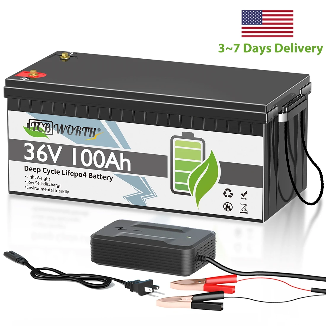 TCBWORTH 36V 100Ah LiFePO4 Lithium Golf Cart Battery,Built-in 100A BMS,Low Temperature Cut-Off,for Camper,Solar Energy Storage