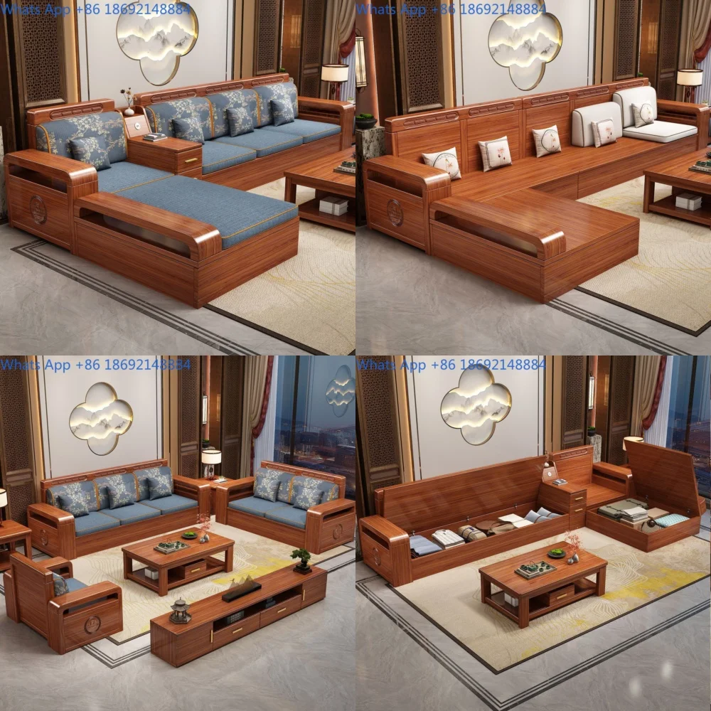 Solid Wood Modern Chinese Style Sofa Set for Living Room Small Apartment Storage Sofa Suitable for Winter and Summer