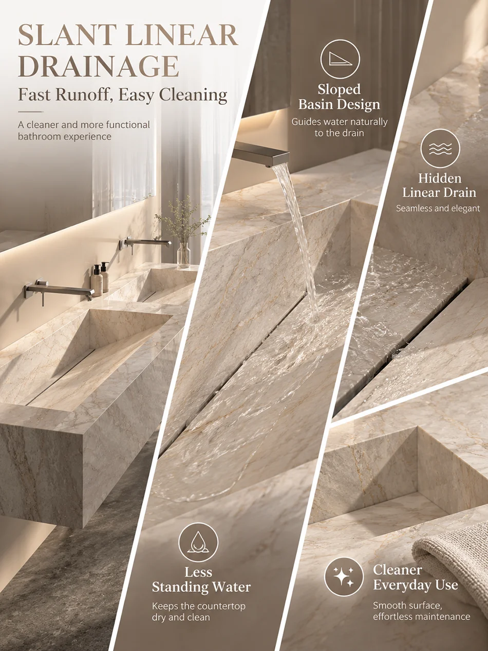 Any Size Custom Luxury Natural Stone Bathroom Vanity Set Integrated Sink Single Double Sink Stain Resistant Waterproof Durable H