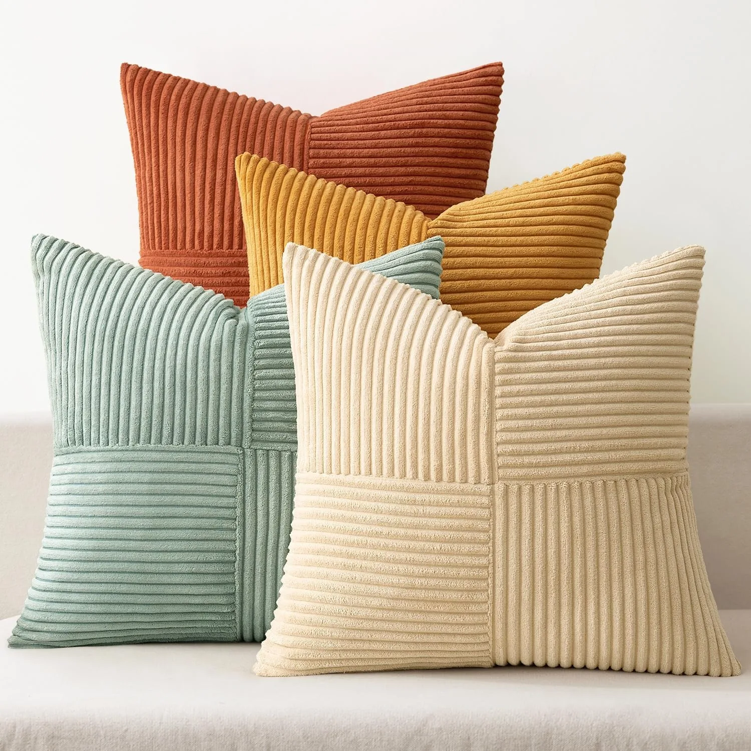 Teal Orange Decorative Throw Pillow Covers 18x18Inch Boho Corduroy Striped Cushion Cases Modern Farmhouse Patchwork Pillow Cases
