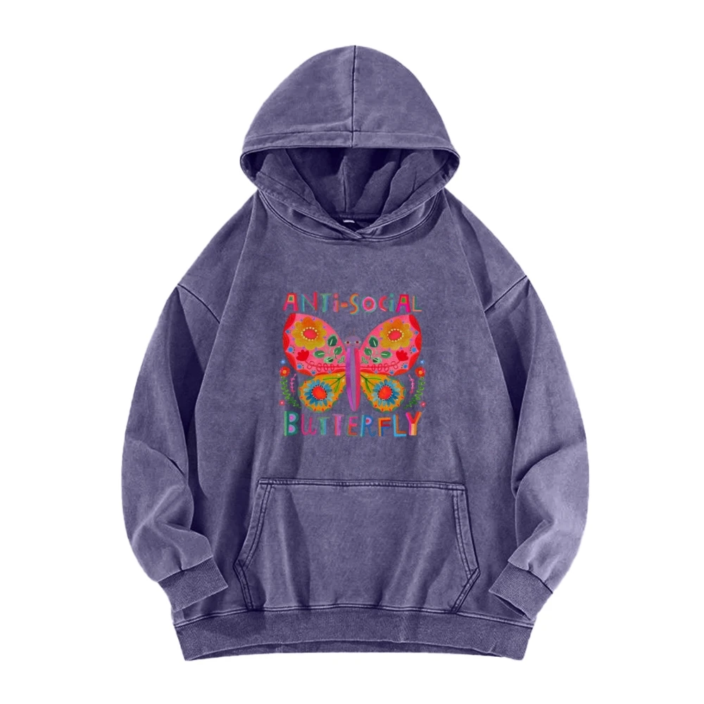 

Anti-Social Butterfly Casual Washed Hoodie Bold Fashion Butterfly Lover Art Aesthetic Women's Top Streetwear Parties Friends