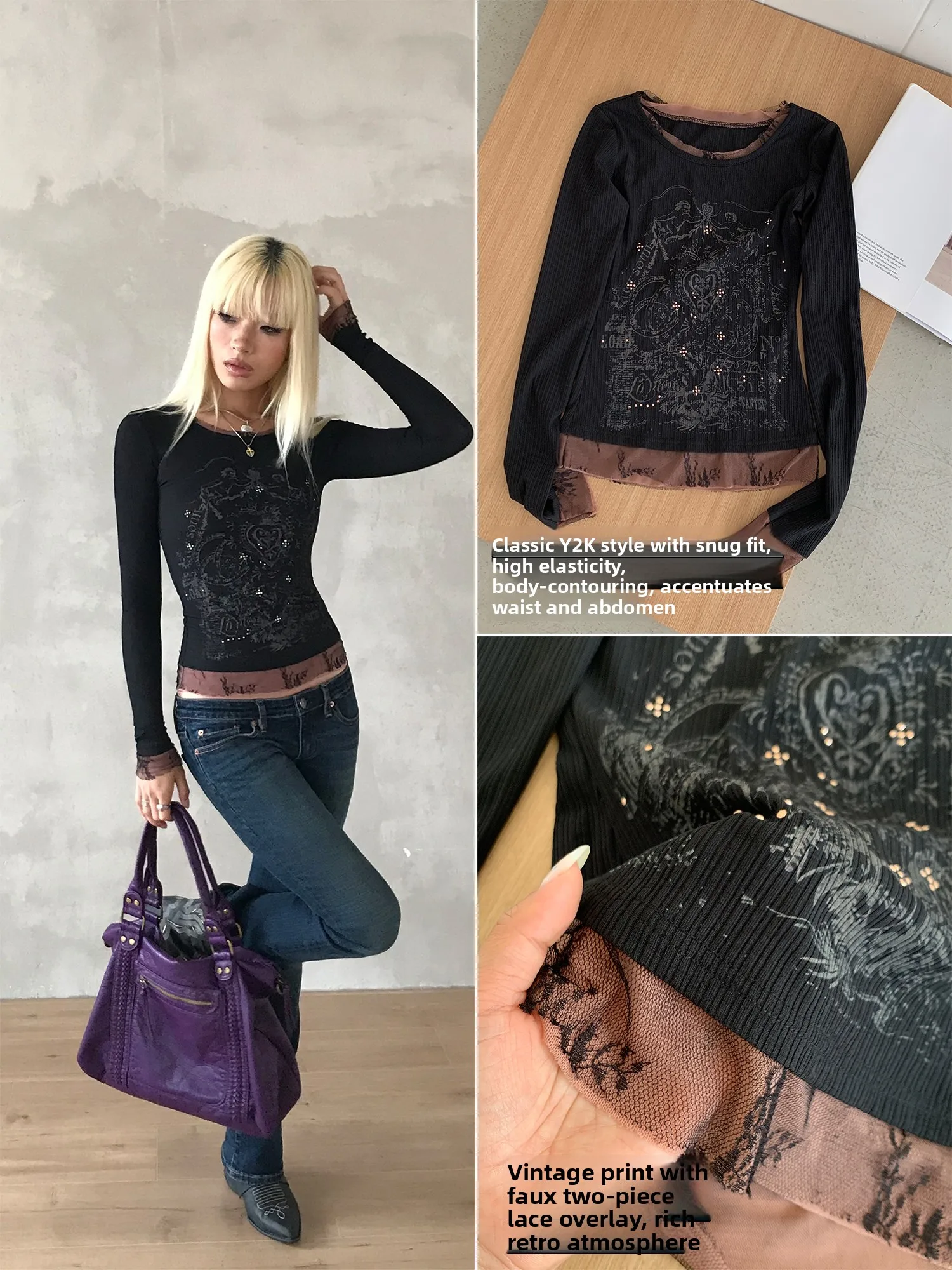 Audwyn Street Style Long Sleeve T-Shirt Women's Mesh Splice Slim Fit Gothic Sexy Base Shirt Polyester Spandex Blend