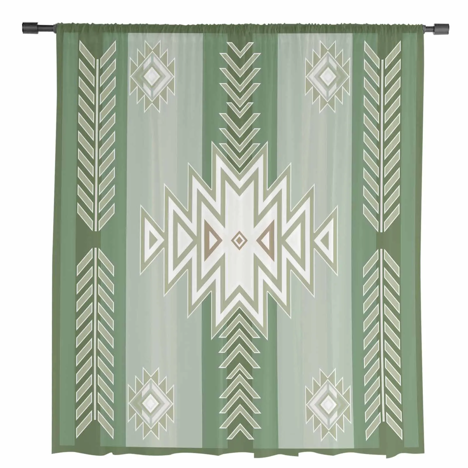 Bohemian Aztec Rural Farmhouse Sage Green Sheer Curtains for Living Room Decoration Window Curtains Kitchen Tulle Voile Curtains