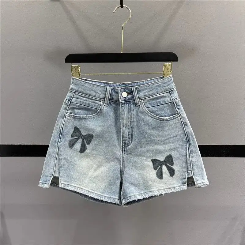 Shorts jeans de cintura alta femininos, com fenda bordada, calça de emagrecimento, calça retrô versátil, novo estilo, verão, 2024