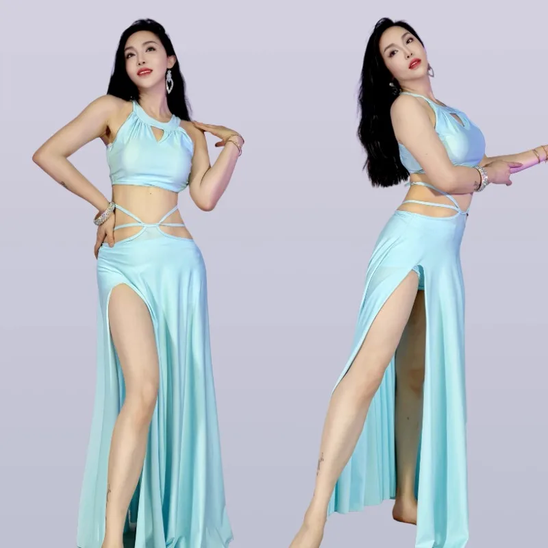 

Customized Swegal Belly Dance Costume Milk Blue Backless Strapless and Waist Hanging Large Skirt Set Exotic Dancewear Top Suit
