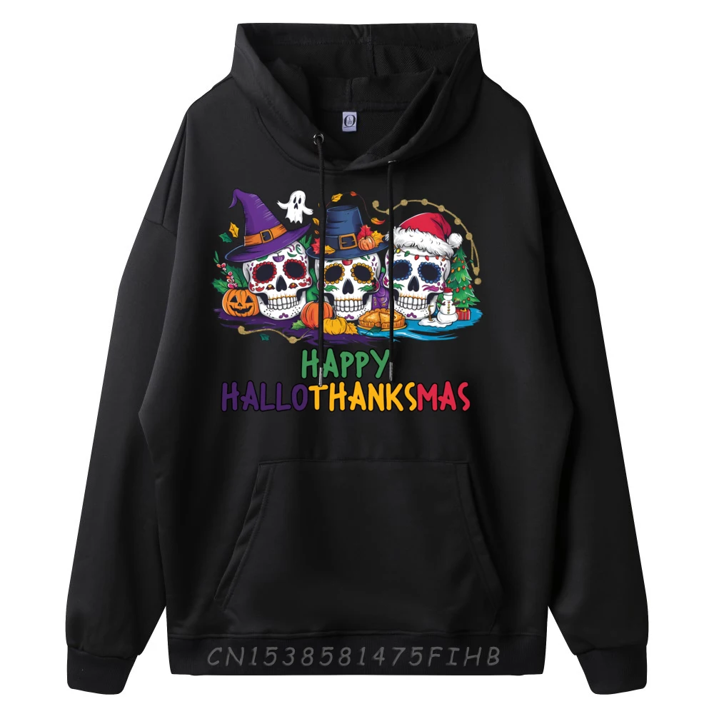 Happy Hallothanksmas Skull Christmas Halloween Thanksgiving Men Clothes Christmas Hoodies Father's Day