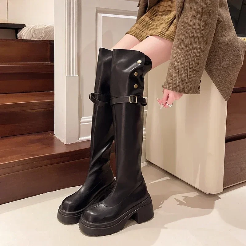 Autumn Winter Platform Women Over The Knee High Boots Fashion Slip On Thick High Heels Concise Long Botas De Mujer