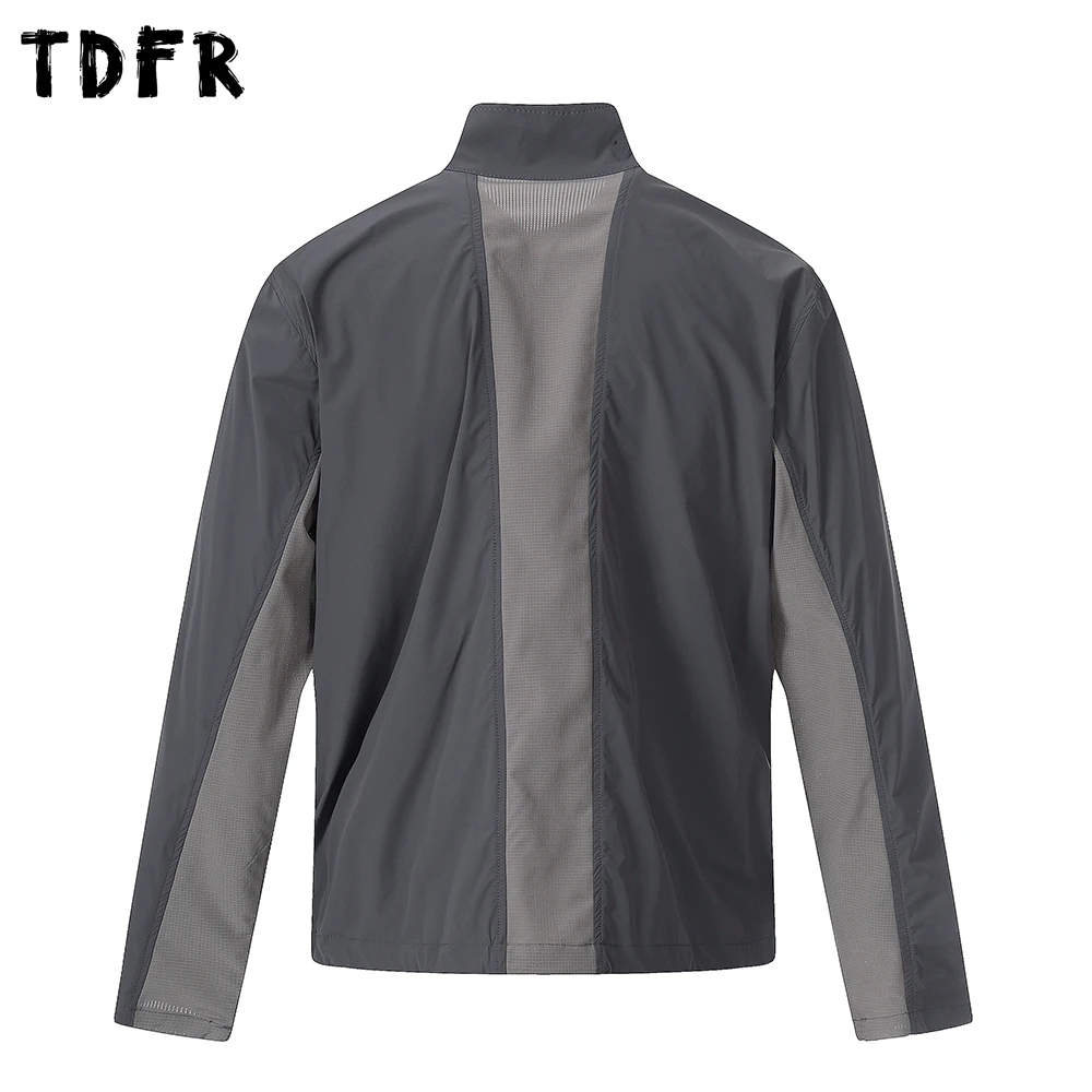 Letter Print Spliced Long Sleeve Jacket Mens Contrast Paneled Safari Style Summer Thin Stand Collar Loose Outerwear Man