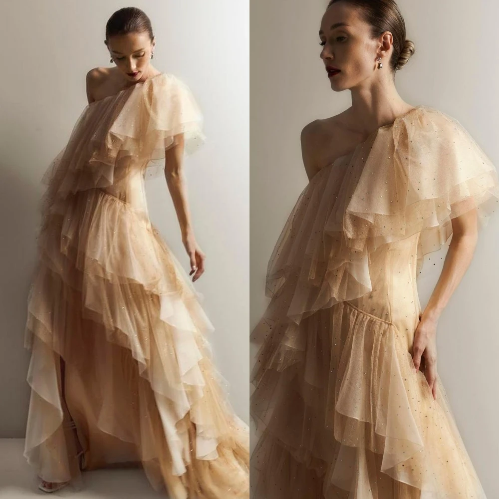 Customized Exquisite Sparkle	Asymmetrical One-Shoulder A-line Hi-Lo Cocktail Dresses Layered Tulle Taffeta  Evening  vestido ele