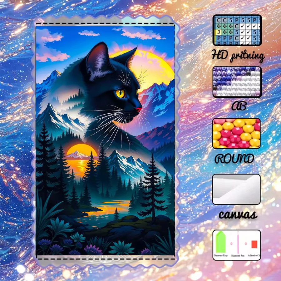 

1 Piece - 5D-DIY - Flocking Cloth - Special Drill Bit - Diamond Painting Set - Black Cat, Mountain View - Mosaic - Diamond Art
