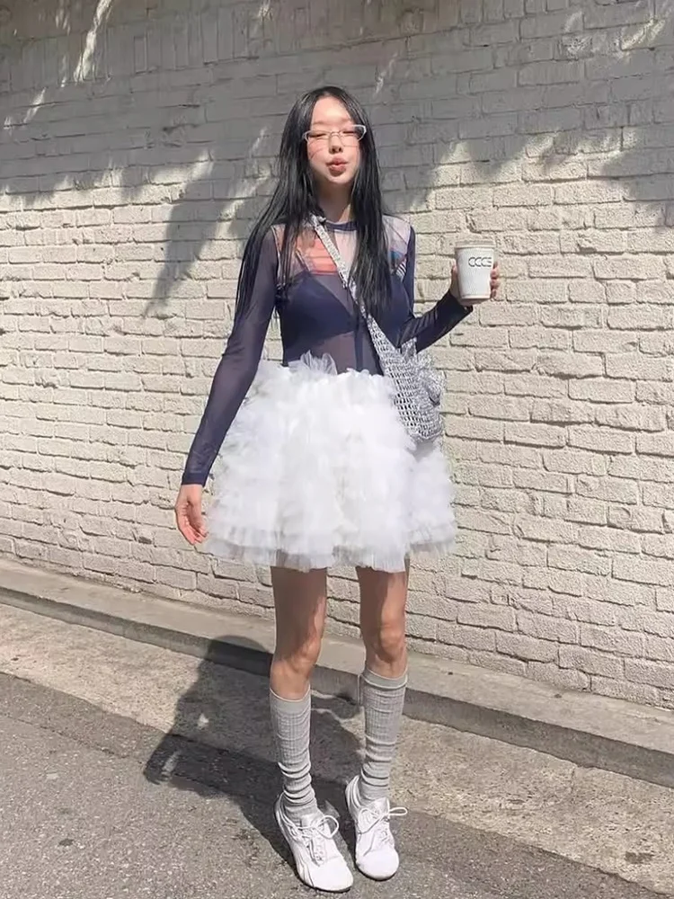 

Chic Summer Cute Anti-Aging Heavy Embellied Tulle Skirt Fairy Puffy Cake Skirt f-length Women's Sle Pleated Design