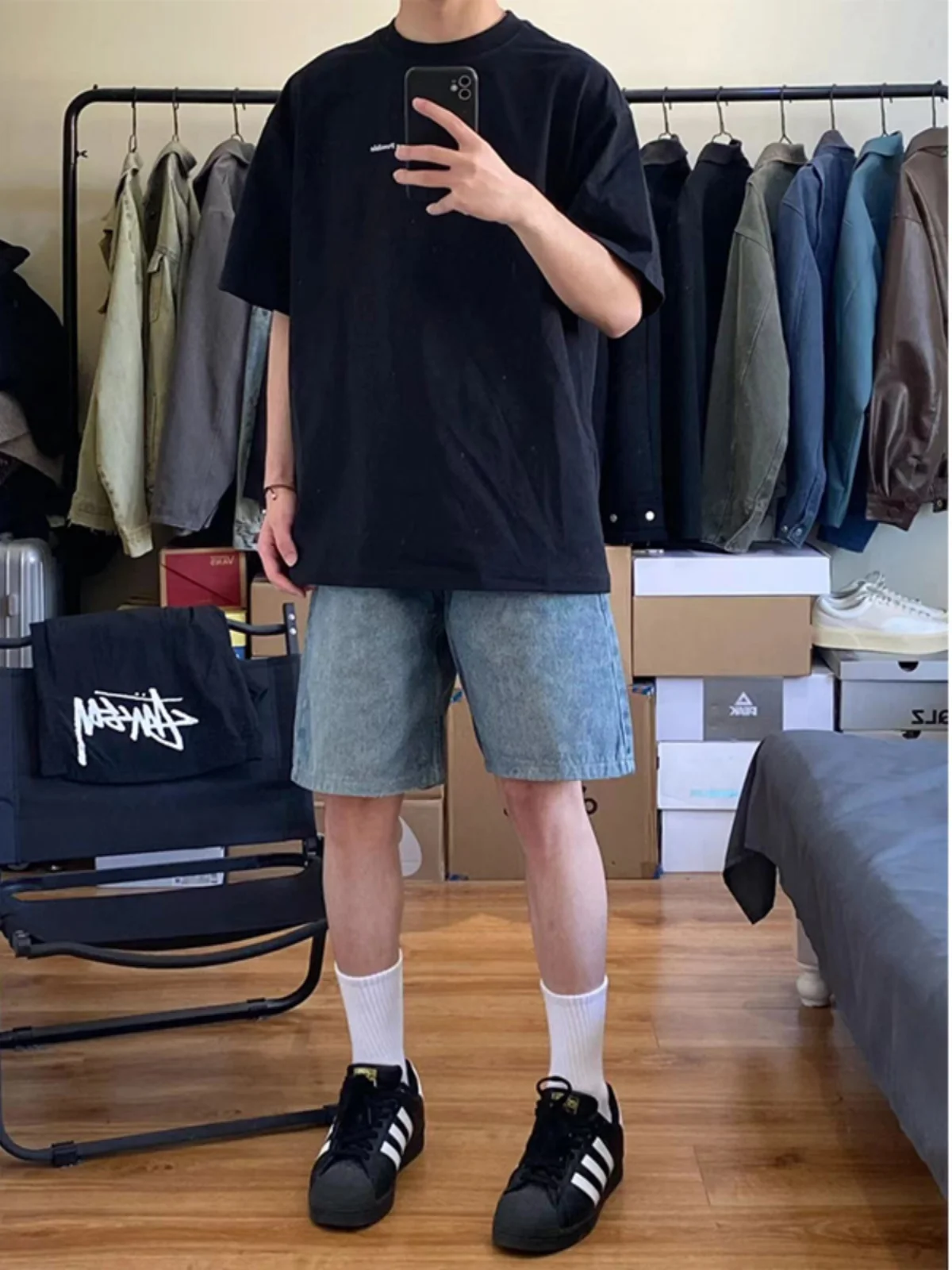 

Light Blue Men's Denim orts Summer Thin American High Street Sle Casual Trendy Straight Leg Mid-Waist Jeans