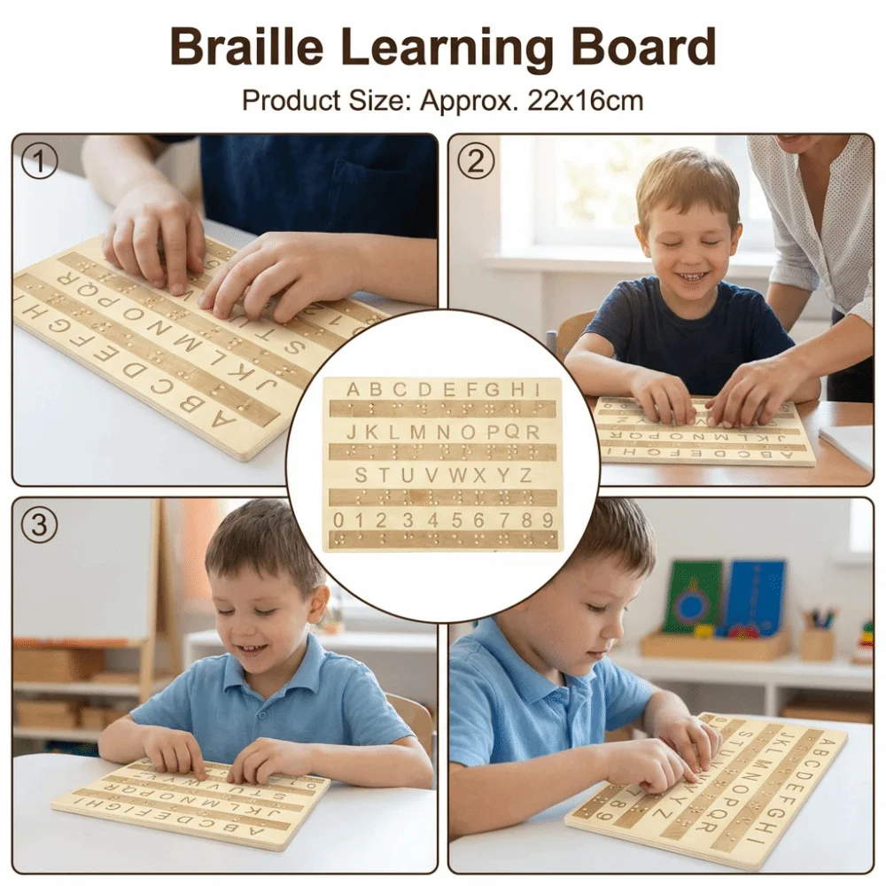 Wooden Braille Alphabet Board Thickened Professional Tactile Letter Number Panel Portable Educational Braille Learning Board