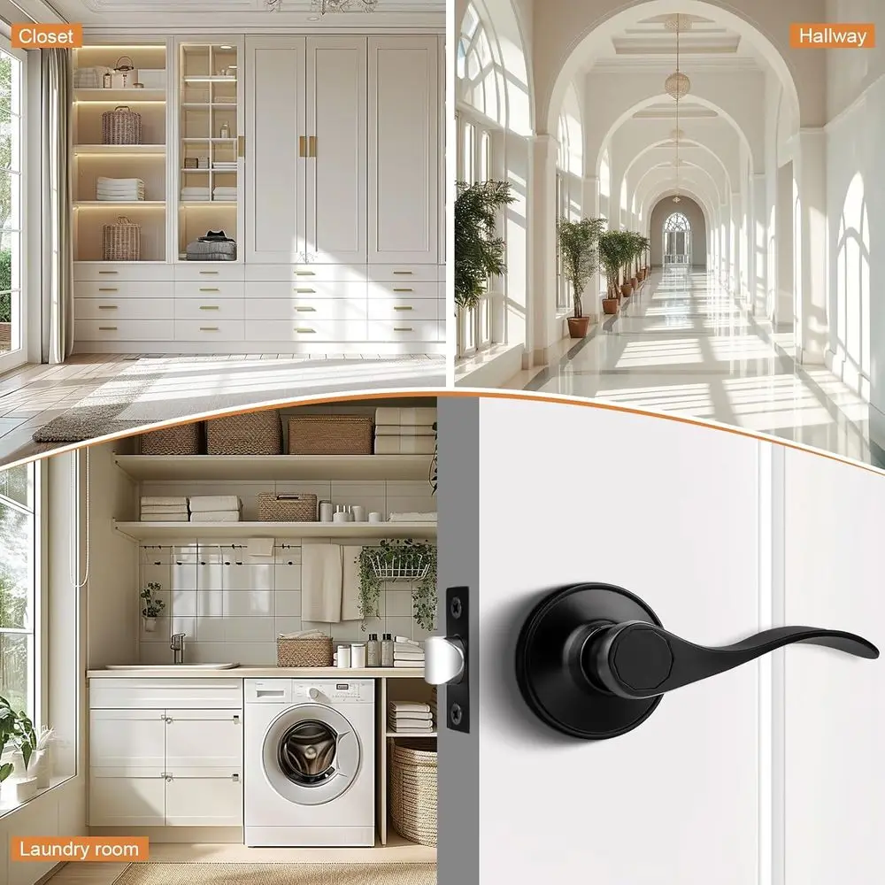 Matte Black 3-Pack Interior Door Levers, Keyless Hallway & Closet Handles, Reversible Wave Design