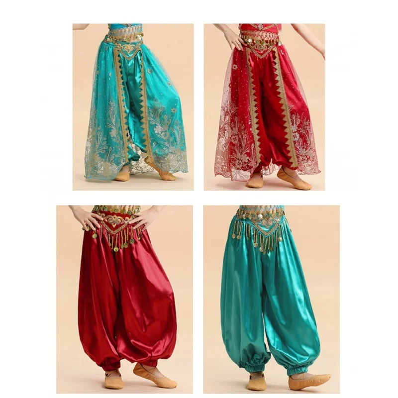 Kids Arabian Princess Belly Dance Pants Girl Festival Sari Bollywood Jasmine Cosplay Halloween Costume Dancewear Fancy Trousers