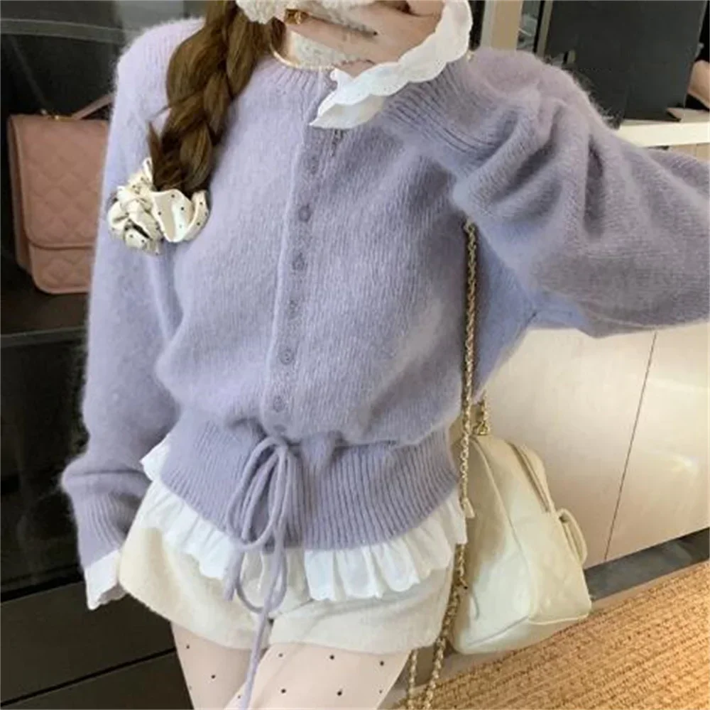 Spring New Waist Sweater Vintage 2026 Korean Fashion Autumn Sweet Fake Two-piece Lace Knitted Cardigan Women's Clothes Tops
