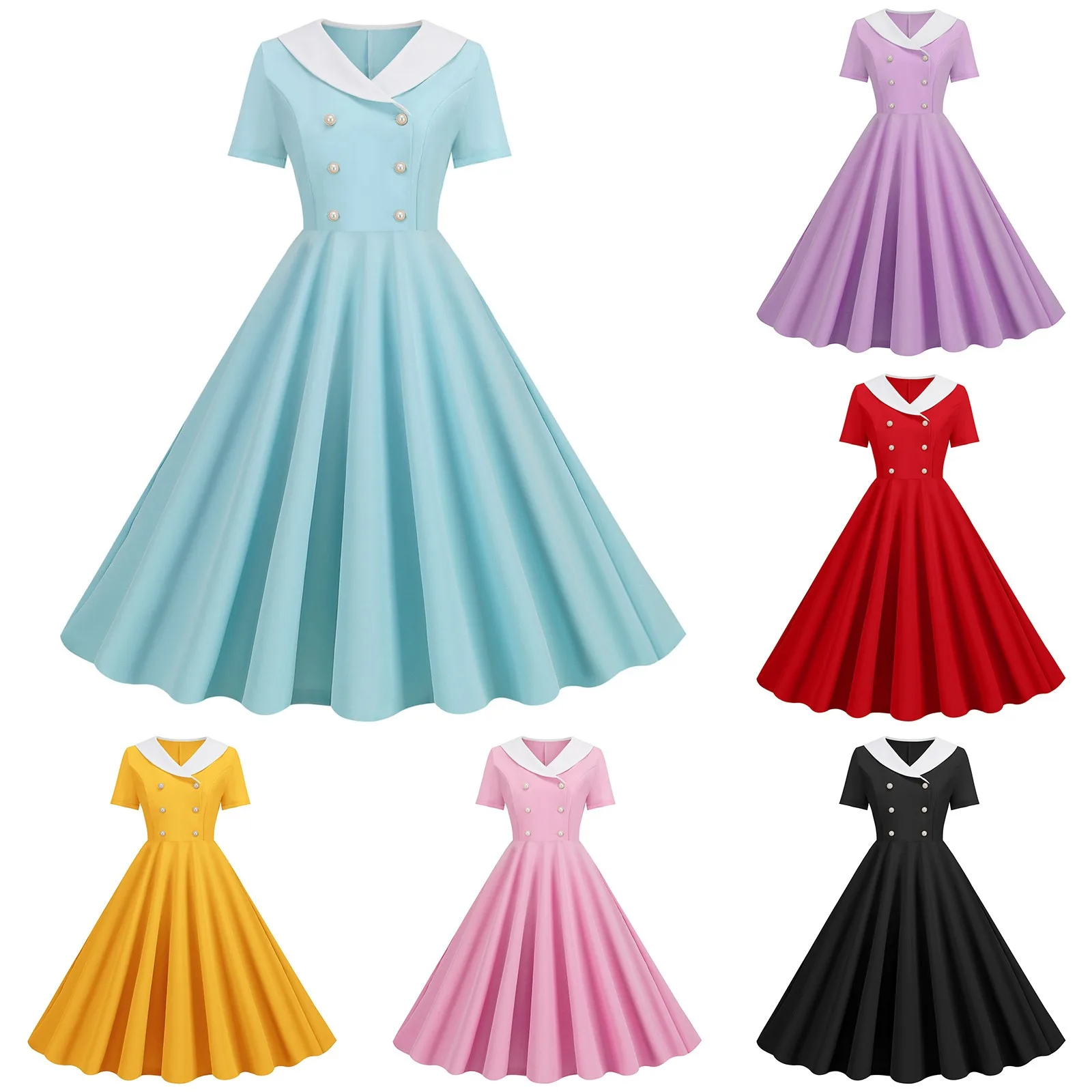 Women 2024 Summer Retro Solid Color Dress French Vintage 50s 60s Pin Up Rockabilly Party Dress Robe Vestidos Dresses For Women