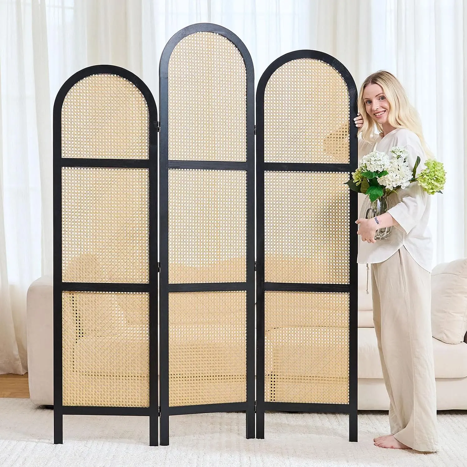 Folding Room Divider 3 Panels, 5.6 Ft Double Hinged Rattan & Wood Privacy Screen, Freestanding Partition for Bedroom, Living Roo