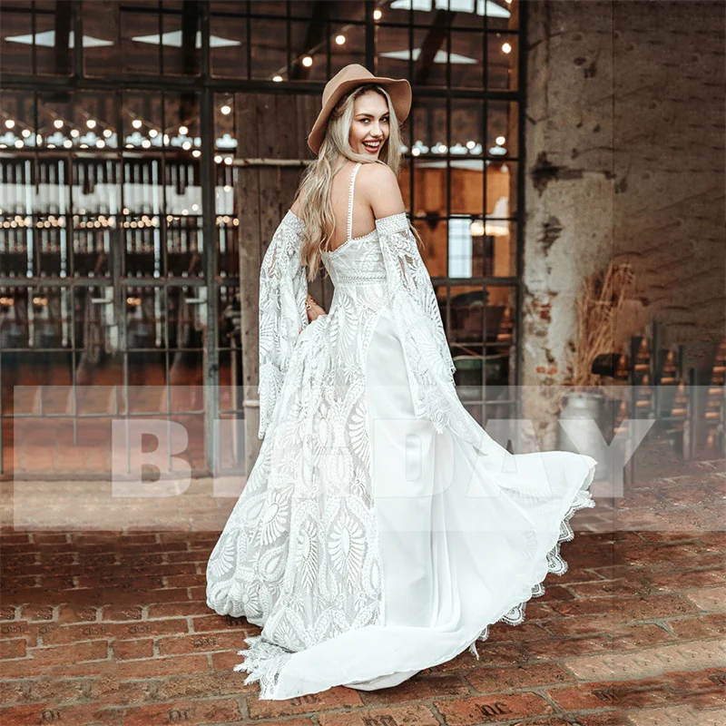 Elegant Mermaid Boho Wedding Dresses Women 2024 White Lace Long Sleeve Open Back Split Bridal Gown Sweep Train Vestidos De Noiva