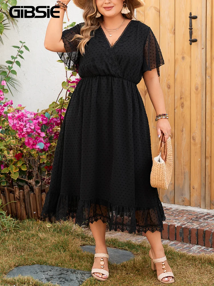 

GIBSIE Plus Size Swiss Dot Contrast Lace Summer Dress Women Black V Neck Butterfly Sleeve Elegant Long Dresses Without Belt