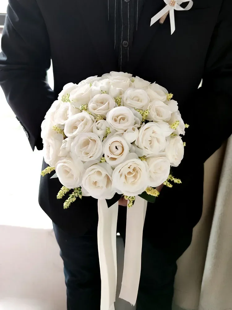 Buquê de casamento branco para noiva, dama de honra, rosas de seda, flores artificiais, buquê de casamento, acessórios de casamento, corpete