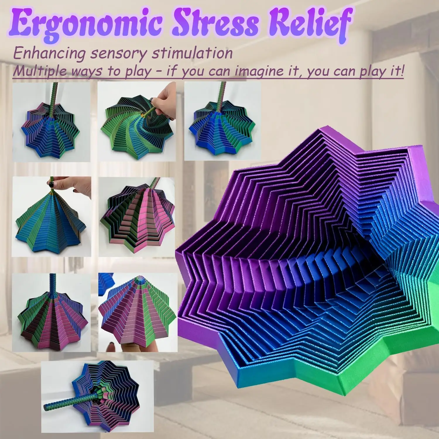 3D-gedruckter erweiterter sensorischer Fidget-Stern für Fokus und Entspannung, farbenfrohes, wirbelndes Spiraldesign, Stressabbau-Schreibtischspielzeug