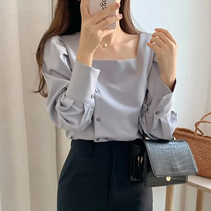 

Ele Casual Women's Faion irt Vintage Slim Fit Base Layer Top Весна Осень New Sle Long Sve Pure Color Square Co...