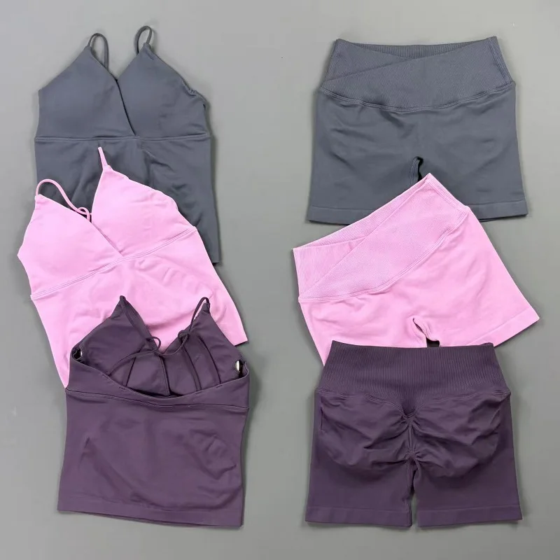 HISTELLO Vision Sportsets für Damen Nahtloses Twist-Front Longline-Top Bauchkontrolle Cross-Shorts Anzug Biker Gym Workout-Set – Detail 4