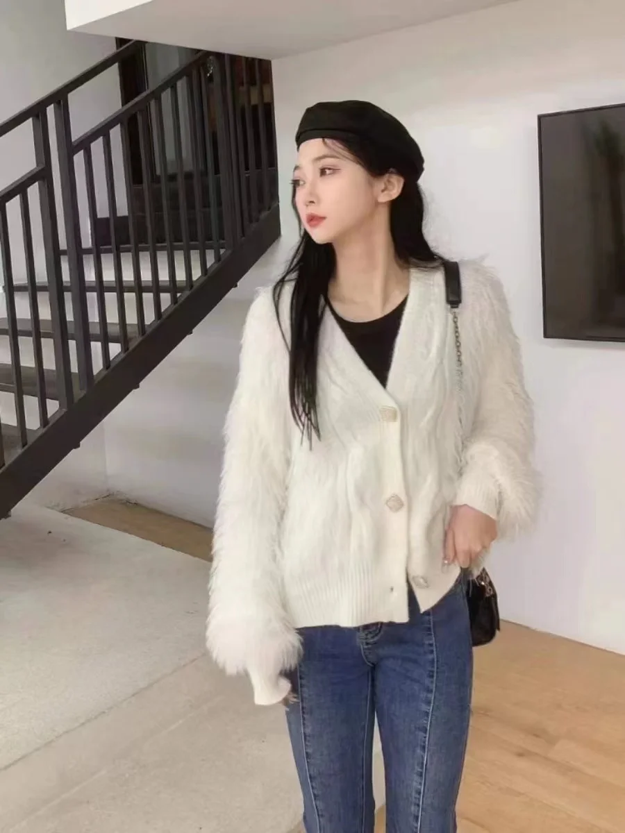 Fuzzy Knit Cardigan for Women Long Sleeve Rib-hem Button Down Sweater Jacket Teen-girl Fall Winter Trendy Streetwear Outfit