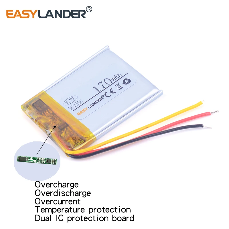 3Wries 302530   Batería recargable de polímero de litio Li-ion 3,7 V 170mAh para DVR MP3 reloj deportivo inteligente auricular Bluetooth